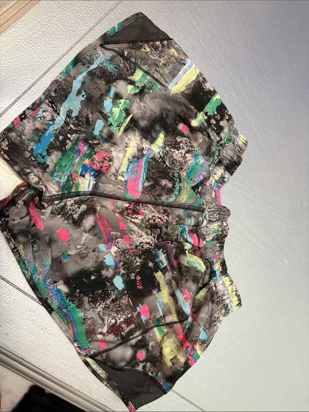 lululemon athletica Black Athletic Shorts with Multicolor Paint-Style Print